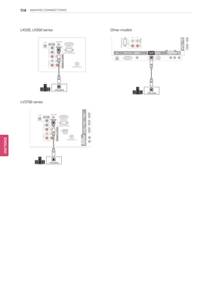 Page 114114MAKING CONNECTIONS
LK530, LK550 series
LV3700 series
Other models
ENGLISHR S - 2 3 2 C   I N   ( C O N T R O L & S E R V I C E )R G B   I N   ( P C )
O P T I C A L   D I G I T A L
A U D I O   O U TA U D I O   I N   ( R G B / D V I )
L A N C O M P O N E N T
I N 1
V
I
D
E
O
A
U
D
I
O
Y
Y
Y
L
P
B
P
R
R
A
U
D
I
O
V
I
D
E
O
L
/
M
O
N
O
R
A
V
 
I
N
1
A N T E N N A / C A B L E   I N
O P T I C A L  A U D I O   I N   O P T I C A L   D I G I T A L
A U D I O   O U T W I R E L E S S
C O N T R O L R S - 2 3 2 C...