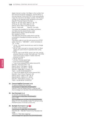 Page 138138EXTERNAL CONTROL DEVICE SETUP
digital channel number, the Major is the number that
the channel should be mapped to, and the Minor is
the sub-channel. Since the ATSC tuner automatically
maps the channel to the Major number, the Physical
number is not required when sending a command.
Data 00: Physical Channel Number
NTSC air: 02~45, NTSC cable: 01, 0E~7D
ATSC air: 01~45, ATSC cable: 01~87
Data 01 & 02: Major Channel Number
Data 01: High byte Data 02: Low byte
Two bytes are available for the Major and...