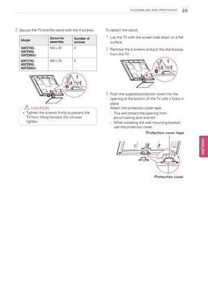 Page 23ASSEMBLING AND PREPARING23
3Secure the TV and the stand with the 4 screws.
ModelScrew for
assemblyNumber of
screws
50PZ750,
50PZ950,
50PZ950UM4 x 264
60PZ750,
60PZ950,
60PZ950UM4 x 284
CAUTION
•Tighten the screws firmly to prevent the
TV from tilting forward. Do not over
tighten.To detach the stand,
1Lay the TV with the screen side down on a flat
surface.
2Remove the 4 screws and pull the stand away
from the TV.
3Push the supplied protection cover into the
opening at the bottom of the TV until it locks...