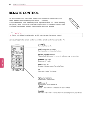 Page 3232REMOTE CONTROL
REMOTE CONTROL
The descriptions in this manual are based on the buttons on the remote control.
Please read this manual carefully and use the TV correctly.
To replace batteries, open the battery cover, replace batteries (1.5 V AAA) matching
the
andends to the label inside the compartment, and close the battery cover.
To remove the batteries, perform the installation actions in reverse.
CAUTION
•Do not mix old and new batteries, as this may damage the remote control.
Make sure to point the...