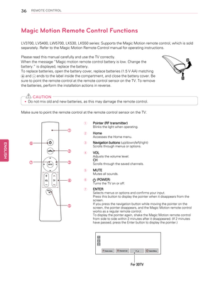 Page 3636REMOTE CONTROL
Magic Motion Remote Control Functions
LV3700, LV5400, LW5700, LK530, LK550 series: Supports the Magic Motion remote control, which is sold
separately. Refer to the Magic Motion Remote Control manual for operating instructions.
Please read this manual carefully and use the TV correctly.
When the message“Magic motion remote control battery is low. Change the
battery.”is displayed, replace the battery.
To replace batteries, open the battery cover, replace batteries (1.5 V AA) matching...