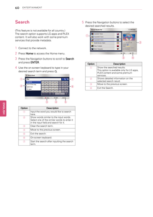 Page 6060ENTERTAINMENT
Search
(This feature is not available for all country.)
The search option supports LG apps and PLEX
content. It will also work with some premium
services that provide metadata.
1Connect to the network.
2PressHometo access the Home menu.
3Press the Navigation buttons to scroll toSearch
and pressENTER.
4Use the on-screen keyboard to type in your
desired search term and pressꔦ.
Option Description
①Input the word you would like to search
here.
②Show words similar to the input words.
Select...