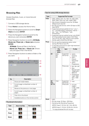 Page 69ENTERTAINMENT69
Browsing files
Access the photo, music, or movie lists and
browse files.
1Connect a USB storage device.
2PressHometo access the Home menu.
3Press the Navigation buttons to scroll toSmart
Shareand pressENTER.
4Press the Navigation buttons to scroll to the
device you want and pressENTER.
5Press Navigation buttons to scroll toAll Media,
Movie List,Photo List, orMusic Listand press
ENTER.
-All Media: Shows all files in the file list.
-Movie List,Photo List, orMusic List: Shows
only one type...