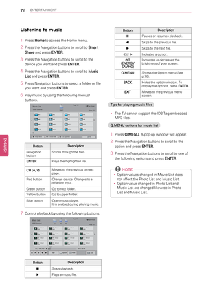 Page 7676ENTERTAINMENT
Listening to music
1PressHometo access the Home menu.
2Press the Navigation buttons to scroll toSmart
Shareand pressENTER.
3Press the Navigation buttons to scroll to the
device you want and pressENTER.
4Press the Navigation buttons to scroll toMusic
Listand pressENTER.
5Press Navigation buttons to select a folder or file
you want and pressENTER.
6Play music by using the following menus/
buttons.
ButtonDescription
Navigation
buttonScrolls through the files.
ENTERPlays the highlighted...