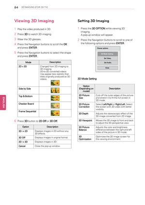 Page 84843D IMAGING (FOR 3D TV)
Viewing 3D Imaging
1Play the video produced in 3D.
2Press3Dto watch 3D imaging.
3Wear the 3D glasses.
4Press the Navigation buttons to scroll theOK
and pressENTER.
5Press the Navigation buttons to select the shape
and pressENTER.
ModeDescription
2D » 3DChanged from 2D imaging to
3D imaging.
2D-to-3D converted videos
may appear less realistic than
titles originally produced as 3D
videos.
Side by Side
Top & Bottom
Checker Board
Frame Sequential
6Press3Dbutton to2D Offor3D Off....