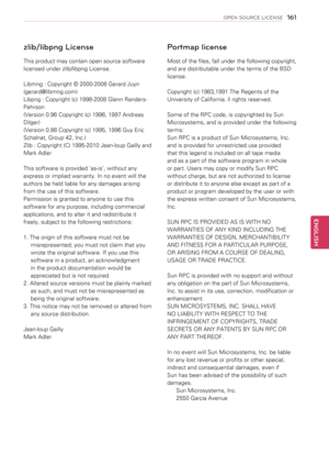 Page 161zlib/libpng License
This product may contain open source software 
licensed under zlib/libpng License.
Libmng : Copyright © 2000-2008 Gerard Juyn 
(gerard@libmng.com)
Libpng : Copyright (c) 1998-2008 Glenn Randers-
Pehrson
(Version 0.96 Copyright (c) 1996, 1997 Andreas 
Dilger)
(Version 0.88 Copyright (c) 1995, 1996 Guy Eric 
Schalnat, Group 42, Inc.)
Zlib : Copyright (C) 1995-2010 Jean-loup Gailly and 
Mark Adler
This software is provided ‘as-is’, without any 
express or implied warranty. In no event...