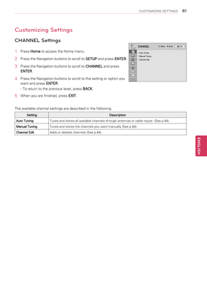 Page 81Customizing Settings
CHANNEL Settings
1  Press Home to access the Home menu.
2  Press the Navigation buttons to scroll to 
SETUP and press 
ENTER.
3  Press the Navigation buttons to scroll to 
CHANNEL and press 
ENTER .
4  Press the Navigation buttons to scroll to the setting or option you 
want and press  ENTER.
-  To return to the previous level, press  BACK.
5  When you are finished, press 
EXIT. 
The available channel settings are described in the following.
Setting Description
Auto Tuning Tunes and...