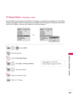 Page 105PAR\bNTAL CONTROL / RATING
105
Select T
T
V
V 
 R
R \f
\ft
ti
in
n g
g-
-C
C h
hi
il
ld
d r
re
e n
n
.
Select  \b
\b
g
ge
e
or  F
F
\f
\f n
n t
t\f
\f s
sy
y  
 V
V i
io
o l
le
e n
n c
ce
e
.
4 3
ENTER
Select block options.
5
ENTER
\bge (\fpplies to TV-Y, TV-Y7) 
F\fnt\fsy Violence (\fpplies to TV-Y7)
TV Rating Children- Depending on model
Prevents children from watching certain children's TV programs, according to the ratings limit set. The children
rating does not apply to other TV programs....