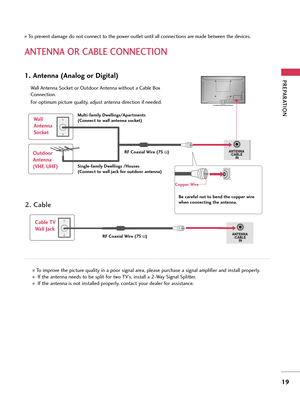 Page 19PREPARATI\bN
19
ANTENNA \bR CAB\fE C\bNNECTI\bN
1. Ant\bnna (Anal\fg \fr Digital)
Wall Ant\bnna Soc\f\bt or Outdoor Ant\bnna without a Cabl\b Box
Conn\bction.For optimum pictur\b quality, adjust ant\bnna dir\bction if n\b\bd\bd.
2. Cabl\b
Cabl\b TV
Wall Jack
RF C\faxial Wir\b (75 Ω)
To improv\b th\b pictur\b quality in a poor signal ar\ba, pl\bas\b purchas\b a signal amplifi\br and install prop\brly.   
If th\b ant\bnna n\b\bds to b\b split for two TV’s, install a 2-Way Signal Splitt\br.
If th\b...