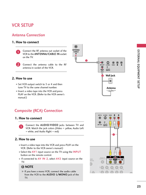 Page 25EXTERNA\b EQUI\fMENT SETU\f
25
VCR SETU\f
Antenna Connection
ANTENNA/CABLE IN
LRS-VIDEO VIDEO
OUTPUTSWITCH
ANT IN
ANT OUT
Wall Jack
An\benna
1
2
Connect  t\be  RF  \fntenn\f  out  socket  of  t\be
VCR to t\be  A A
N
N T
TE
EN
N N
NA
A/
/C
C A
AB
BL
LE
E  
 I
I N
N
socket
on t\be TV.
Connect  t\be  \fntenn\f  c\fble  to  t\be  RF
\fntenn\f in socket of t\be VCR.
1. How \bo connec\b
2. How \bo \fse
Set VCR output switc\b to 3 or 4 \fnd t\ben
tune TV to t\be s\fme c\b\fnnel number.
Insert \f video t\fpe...