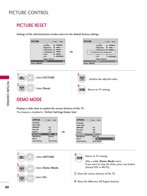 Page 80PICTUR\b CONTROL
80
PICTUR\b CONTROL
PICTUR\b R\b\f\bT
\fettings of the selected picture modes return to the default factory settings.Select P
P
I
IC
C T
TU
U R
RE
E
.
Select  R
R
e
es
se
e t
t
. Initi\flize the \fdjusted v\flue.
1
Home
3
2
ENTER
ENTER
4
Return to TV viewing.
EnterMovePICTUREE
RG
• Contrast 90
• Brightness 50
• H Sharpness 60
• V Sharpness 60
• Color 60
• Tint 0
• Expert Control
• Reset
Screen (RGB-PC)
EnterMovePICTUREE
RG
• Contrast 90
• Brightness 50
• H Sharpness 60
• V Sharpness 60
•...