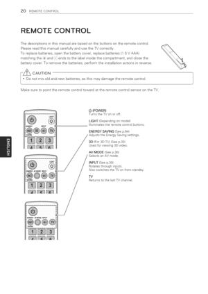 Page 20  
20REMOTECONTROL 
REMOTECONTROL 
Thedescriptionsinthismanualarebasedonthebuttonsontheremotecontrol. 
PleasereadthismanualcarefullyandusetheTVcorrectly. 
Toreplacebatteries,openthebatterycover,replacebatteries(1.5VAAA) 
matchingthe,_,+}and{-}endstothelabelinsidethecompartment,andclosethe 
batterycover.Toremovethebatteries,performtheinstallationactionsinreverse. 
C_CAUTION 
,Donotmixoldandnewbatteries,asthismaydamagetheremotecontrol. 
MakesuretopointtheremotecontroltowardattheremotecontrolsensorontheTV....