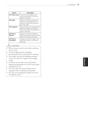 Page 35  
3DIMAGSNG35 
Description 
3DPictureSizeCutsofftheouteredgesofthe 
)ictureandstretchittofitthefull 
screenin3Dmode. 
3DDepthAdjuststhedistancebetweenthe 
objectandthebackgroundinthe 
)lcturetoenhancethe3Deffectin 
2Dto3Dmode. 
3DViewpointBringsthepicture(includingboththe 
objectandbackgroundimages)to 
thefrontorbacktoenhancethe3D 
effectin3Dmode. 
3DPictureAdjuststhecolorandbrightness 
Balancedifferencebetweentherightandleft 
sidesofthepicturein3Dmode. 
3DPictureChangestheorderofimagesinthe...