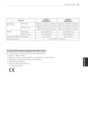 Page 85  
SPECIFICATIONS85 
5oPz85o 
MODELS......(50PZ850-,UA) 
Dimensions 
(WxHxD) (60PZ850-UA) 
Withstand1168.7mmx777.0mmx349.2mm1387.1mmx920.5mmx395.6mm 
(46.0inchx30.5inchx13.7inch)(54.6inchx36.2inchx15,5inch) 
Withoutstand1168.7mmx712.2mmx52.Smm1387.1mmx834.9mmx52.Smm 
(46.0inchx28,0inchx2.0inch)(54.6inchx32.8inchx2.0inch) 
WeightWithstand30.1kg(66.3Ibs)42.0kg(92.5Ibs) 
Withoutstand28.1kg(61.9Ibs)38.5kg(84.8Ibs) 
CurrentValue/Powerconsumption3.7A/370W5.3A/530W 
PowerrequirementAC100-240V-50/60Hz...