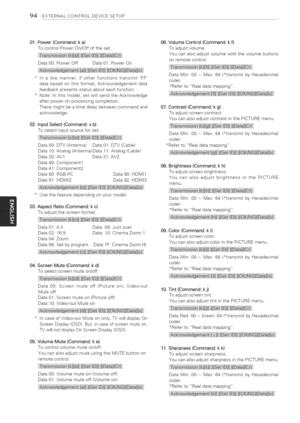 Page 94  
94EXTERNALCONTROLDEVICESETUP 
01.Power(Command:ka) 
TocontrotPowerOn/Offoftheset. 
s 
Data00:PowerOffData01:PowerOn 
i:N 
*inalikemanner,ifotherfunctionstransmitFF 
databasedonthisformat,Acknowledgementdata 
feedbackpresentsstatusabouteachfunction. 
*Note:inthismodet,setwillsendtheAcknowledge 
afterpoweronprocessingcompletion. 
Theremightbeatimedelaybetweencommandand 
acknowledge. 
02.InputSelect(Command:xb) 
Toselectinputsourceforset. 
si 
Data00:DTV(Antenna)Data01:DTV(Cable)...