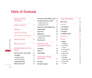 Page 5Table of Contents
Table of Contents
4
Important Safety 
Precautions 1
Table of Contents 4
Welcome 7
Important Information 7
FCC RF Exposure Information 9
Phone Overview 10
Menus Overview 11
Getting Started with Your
Phone 13
Find your phone's serial number 13
The Battery 13
Installing the Battery 13
Removing the Battery 13
Charging the Battery 14
Battery Charge Level 14Activate your Virgin Mobile account 14
Turning the Phone On and Off 15
Turning the Phone On 15
Turning the Phone Off 15
Program your...