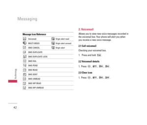 Page 43Message Icon Reference
Voicemail Virgin alert read
MULTI MSGS Virgin alert unread
SMS CANCEL Virgin alert
SMS DUPLICATE
SMS DUPLICATE LOCK
SMS FAIL
SMS PEND
SMS READ
SMS SENT
SMS UNREAD
SMS WP READ
SMS WP UNREAD
2. Voicemail
Allows you to view new voice messages recorded in
the voicemail box. Your phone will alert you when
you receive a new voice message.
2.1 Call voicemail
Checking your voicemail box.
1. Press and hold  .
2.2 Voicemail details
1. Press , , , .
2.3 Clear icon
1. Press , , , .
Messaging...