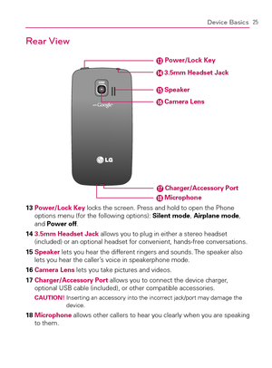 Page 2725Device Basics
Rear View
                
3.5mm Headset Jack
Power/Lock Key
Speaker
Camera Lens
Charger/Accessory PortMicrophone13  Power/Lock Key locks the screen. Press and hold to open the Phone 
options menu (for the following options): Silent mode, Airplane mode, 
and Power off.
14  
3.5mm Headset Jack allows you to plug in either a stereo headset 
(included) or an optional headset for convenient, hands-free conversations.
15  
Speaker lets you hear the different ringers and sounds. The speaker...