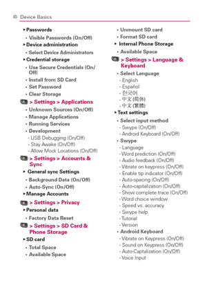 Page 4240Device Basics
Passwords   Ej
  Visible Passwords (On/Off) s 
  Device administration   Ej
  s 
Select Device AdministratorsCredential storage   Ej
  Use Secure Credentials (On/ s 
Off)
  Install from SD Card s 
Set Password s 
Clear Storage s 
  > Settings > Applications 
Unknown Sources (On/Off) s 
  Manage Applications s 
Running Services s 
Development s 
-  USB Debugging (On/Off)
-  Stay Awake (On/Off)
-  Allow Mock Locations (On/Off)
  > Settings > Accounts & 
Sync
  General sync Settings   Ej...