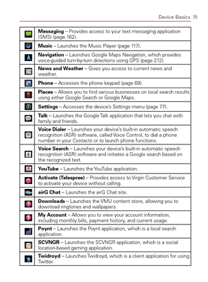 Page 5755Device Basics
Messaging – Provides access to your text messaging application 
(SMS) (page 162).
Music – Launches the Music Player (page 117).
Navigation – Launches Google Maps Navigation, which provides 
voice-guided turn-by-turn directions using GPS (page 212).
News and Weather – Gives you access to current news and 
weather.
Phone – Accesses the phone keypad (page 69).
Places – Allows you to ﬁnd various businesses on local search results 
using either Google Search or Google Maps.
Settings – Accesses...