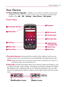 Page 2523Device Basics
Your DeviceTIP  Phone Software Upgrades – Updates to your device’s software may become 
available from time to time. You can use the menu to check for and download 
updates. Press 
 >  > Settings > About Phone > SW Update .
Front View
Proximity Sensors
Status Bar
Call Key
Menu KeyHome KeyBack Key
Applications 
Launcher Key
Browser Key
Touchscreen
My Account
Earpiece
Search Key
1  Proximity Sensors sense proximity towards other objects (such as your 
head) so that touch commands are not...