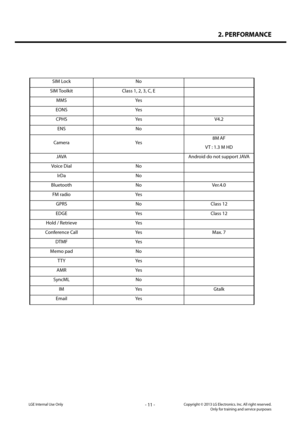 Page 112. PERFORMANCE
- 11 -Copyright © 2013 LG Electronics. Inc. All right reserved.Only for training and service purposesLGE Internal Use Only
LG-D821 Product SPEC
10
SIM Lock  No   
SIM Toolkit  Class 1, 2, 3, C, E   
MMS  Yes   
EONS  Yes   
CPHS  Yes  V4.2 
ENS  No   
Camera  Yes  8M AF
 
VT : 1.3 M HD  
JAVA   Android do not support JAVA  
Voice Dial  No   
IrDa  No   
Bluetooth  No  Ver.4.0 
FM radio   Yes   
GPRS  No  Class 12 
EDGE   Yes  Class 12 
Hold / Retrieve   Yes   
Conference Call  Yes  Max. 7...