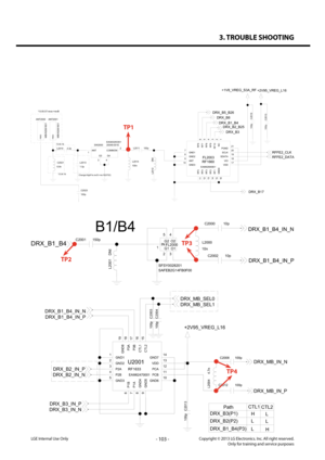 Page 1033. TROUBLE SHOOTING
- 103 -Copyright © 2013 LG Electronics. Inc. All right reserved.Only for training and service purposesLGE Internal Use Only
FL2003
EAM62690801RF1660
21
20
15
19
10 18
16
8
11
7
9
6
5
12
4
3
13
2
14
1
17
VDD
NC
RF2
RF10
RF3
RF9RF8
RF4
RF7RF6
ANT
GND1
RF5
GND2
GND4
VIOGND3
SDATA
RF1
SCLKPGND
L2013
1.5p
20549-001E
SW2000 EAG63293301
4
3 2
1 ANTCOMMONG3G4
100p
L2011
DNI
L2012
100p C2016
+1V8_VREG_S3A_RF
100p C2015
+2V95_VREG_L16
100nL2014
ANT2000
MBV6256160
1FEEDMBV62561601
ANT2001
FEED...