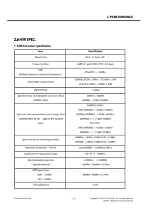 Page 122. PERFORMANCE
- 12 -Copyright © 2013 LG Electronics. Inc. All right reserved.Only for training and service purposesLGE Internal Use Only
LG-D821 Product SPEC
11
2.6 HW  SPEC.  
1)  GSM  transceiver  specification  
Item  Specification 
Phase Error  Rms : 5°/ Peak : 20 °  
Frequency E rror  GSM : 0.1 ppm/ DCS  /  PCS : 0.1 ppm  
EMC 
(Radiated Spurious Emission Disturbance)  GSM/DCS : < 
-28dBm  
Transmitter Output power  GSM850, EGSM : 5dBm ~
 32.5 dBm ± 3dB  
DCS/PCS : 0dBm ~  30dBm ± 3dB 
Burst Timing...