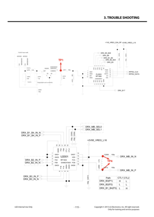 Page 1153. TROUBLE SHOOTING
- 115 -Copyright © 2013 LG Electronics. Inc. All right reserved.Only for training and service purposesLGE Internal Use Only
FL2003
EAM62690801RF1660
21
20
15
19
10 18
16
8
11
7
9
6
5
12
4
3
13
2
14
1
17
VDD
NC
RF2
RF10
RF3
RF9RF8
RF4
RF7RF6
ANT
GND1
RF5
GND2
GND4
VIOGND3
SDATA
RF1
SCLKPGND
L2013
1.5p
20549-001E
SW2000 EAG63293301
4
3 2
1 ANTCOMMONG3G4
100p
L2011
DNI
L2012
100p C2016
+1V8_VREG_S3A_RF
100p C2015
+2V95_VREG_L16
100nL2014
ANT2000
MBV6256160
1FEEDMBV62561601
ANT2001
FEED...