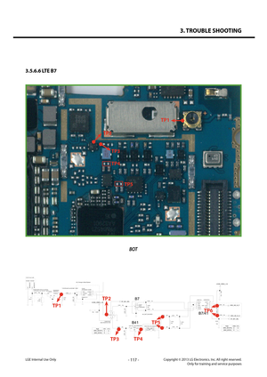 Page 1173. TROUBLE SHOOTING
- 117 -Copyright © 2013 LG Electronics. Inc. All right reserved.Only for training and service purposesLGE Internal Use Only
3.5.6.6 LTE B7
BOT
TP1
TP2
TP3
TP5
TP4
C20761pL20266.8n
DNI_EAM62810001
U2006
ACPF-7041
2 1
3GNDTX/RXANTDNI
C2088
33p
C2081
DNI_EAM62790201
HHM1918A2
FL2013
3 1
2
4
GNDUNBALBALAN1BALAN2
B9478 FL2014
EAM62290501
4
5
1
3
2
G1O1ING2O2
DNIL2035
L2025
1n
DNIL2036
100p
C2092
+2V95_VREG_L16
100p
C2039
100p
C2089DNI
C2090
+2V95_VREG_L16
DNI
L2032
DNI
C2091
L2034
DNI
DNI...