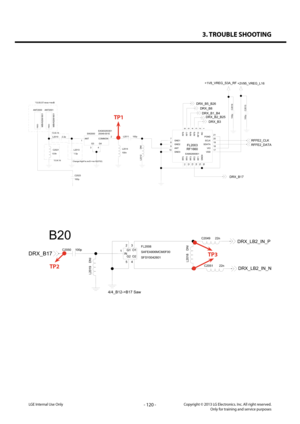 Page 1203. TROUBLE SHOOTING
- 120 -Copyright © 2013 LG Electronics. Inc. All right reserved.Only for training and service purposesLGE Internal Use Only
FL2003
EAM62690801RF1660
21
20
15
19
10 18
16
8
11
7
9
6
5
12
4
3
13
2
14
1
17
VDD
NC
RF2
RF10
RF3
RF9RF8
RF4
RF7RF6
ANT
GND1
RF5
GND2
GND4
VIOGND3
SDATA
RF1
SCLKPGND
L2013
1.5p
20549-001E
SW2000 EAG63293301
4
3 2
1 ANTCOMMONG3G4
100p
L2011
DNI
L2012
100p C2016
+1V8_VREG_S3A_RF
100p C2015
+2V95_VREG_L16
100nL2014
ANT2000
MBV6256160
1FEEDMBV62561601
ANT2001
FEED...