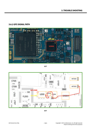 Page 1233. TROUBLE SHOOTING
- 123 -Copyright © 2013 LG Electronics. Inc. All right reserved.Only for training and service purposesLGE Internal Use Only
3.6.2 GPS SIGNAL PATH 
BOT
BOT
U2004
GPS INMGPS INP
16G32G
D820
D821
12 C
D E F G
H J
K
LM
N
B
A
1 P
N
A
BC
D H
G
FE M
L
K
J
1
14
1
9
9
10
11
20
D
3
A
1
3233
64
3536
70
17
18
34
2021
40
15
16
30
J10000
U13000
L200
0
R102 5
C2088
L7002
U1007
C106 9
C13050
L2032
U5001
L7000
C13012 C2082
L203
7
C2091
C1023
C1 1001
C106 1
C4124
FL1001
C6057
C2026
C9026
C2041
R11012...