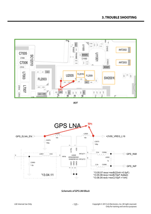 Page 1253. TROUBLE SHOOTING
- 125 -Copyright © 2013 LG Electronics. Inc. All right reserved.Only for training and service purposesLGE Internal Use Only
BOT
Schematic of GPS LNA Block
16G32G
D820
D821
12 C
D E F G
H J
K
LM
N
B
A
1 P
N
A
BC
D H
G
FE M
L
K
J
1
14
1
9
9
10
11
20
D
3
A
1
3233
64
3536
70
17
18
34
2021
40
15
16
30
J10000
U13000
L200
0
R102 5
C2088
L7002
U1007
C106 9
C13050
L2032
U5001
L7000
C13012 C2082
L203
7
C2091
C1023
C1 1001
C106 1
C4124
FL1001
C6057
C2026
C9026
C2041
R11012
SC1202 1C13059
L2017...