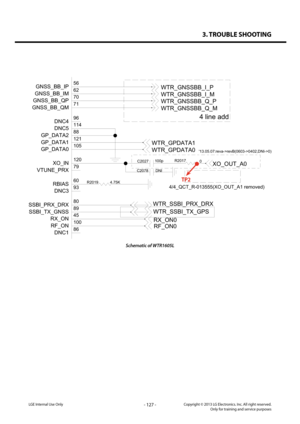 Page 1273. TROUBLE SHOOTING
- 127 -Copyright © 2013 LG Electronics. Inc. All right reserved.Only for training and service purposesLGE Internal Use Only
Schematic of WTR1605L
R20194.75K
DNI
C2078
0
R2017100p
C2027
86 100
45
89 80 93 60 79 120 105 121 88 114 96 71 70 62 56
GNSS_BB_IP
GNSS_BB_IM
GNSS_BB_QP
GNSS_BB_QM
DNC4
DNC5
GP_DATA2
GP_DATA1
GP_DATA0
XO_IN
VTUNE_PRX
RBIAS
DNC3
SSBI_PRX_DRX
SSBI_TX_GNSS
RX_ON
RF_ON
DNC1
XO_OUT_A0
RF_ON0
RX_ON0
WTR_GNSSBB_I_P
WTR_GNSSBB_I_M
WTR_GNSSBB_Q_P
WTR_GNSSBB_Q_M...