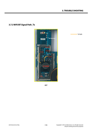 Page 1303. TROUBLE SHOOTING
- 130 -Copyright © 2013 LG Electronics. Inc. All right reserved.Only for training and service purposesLGE Internal Use Only
3.7.3 WIFI/BT Signal Path_Tx
Tx Path
BOT
U13000
U13001
U13002FL13001
2.4G
ANT Matching
5G
FL13000
ANT
X13000   