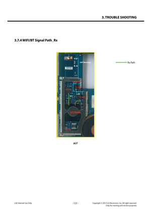 Page 1313. TROUBLE SHOOTING
- 131 -Copyright © 2013 LG Electronics. Inc. All right reserved.Only for training and service purposesLGE Internal Use Only
Rx Path
BOT
3.7.4 WIFI/BT Signal Path_Rx
U13000
U13001
U13002FL13001
2.4G5G
FL13000
ANT
X13000
ANT Matching   