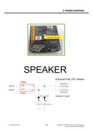 Page 1343. TROUBLE SHOOTING
- 134 -Copyright © 2013 LG Electronics. Inc. All right reserved.Only for training and service purposesLGE Internal Use Only
 
LGE  Internal  Use  Only 
 
 
 
  
Speaker Module
D16006
DNI
D16007
DNI
ANT16000
MBV62562001FEED
ANT16001
MBV62562001FEED20n
L16001
L16000
20nSPK_P
SPK_N
5/8 RevD => RevE
Enhanced FSD, 2.8T, Module
Rev10 (0717) => BOM Updated DNI
SPEAKER
L16000
L16001   