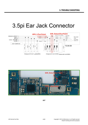 Page 1473. TROUBLE SHOOTING
- 147 -Copyright © 2013 LG Electronics. Inc. All right reserved.Only for training and service purposesLGE Internal Use Only
BOT
EAR_Detect(Test Point)
HPH_L(Test Point)
C10001 100p
R10038 8.2
0
R1003
4
R10037 8.2
C10000100pC1000 2 10nD10007
EAH61995401
RClamp0521Z.TN TD10008ZD10003D10006
J10000
EAG63511001 HG05-AB3590
S/W_Detect
SPK_L
SPK_R
MIC GNDFB10001
1800
FB100021800
DNI
R10031
FB10000 1800
R10005
10KR10004 10K
EJ_MICHPH_REF
HPH_LHPH_R
EARJACK_DETECT
revA->revB(04.22)...