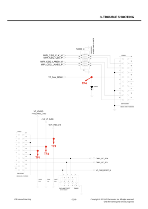 Page 1543. TROUBLE SHOOTING
- 154 -Copyright © 2013 LG Electronics. Inc. All right reserved.Only for training and service purposesLGE Internal Use Only
D9002EAH61892901RCLAMP7522T
4
3
5
2
1
C9025
2.2u2.2u C90262.2u
C9027
ENBY0039601
GB042-20S-H10-E3000 CN9001
11
10 12
9 13
8 14
7 15
6 16
5 17
4 18
3 19
2 20
1
+1V8_VREG_LVS2
CAM1_I2C_SCL
CAM1_I2C_SDA
+2V7_VREG_L18
VT_CAM_RESET_N
+1V8_VT_DVDD
VT_IOVDD
TP1
TP2
TP3
ZD9002
ENBY0039601
GB042-20S-H10-E3000 CN9001
11
10 12
9 13
8 14
7 15
6 16
5 17
4 18
3 19
2 20
1...