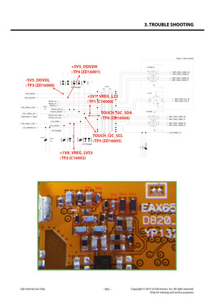 Page 1613. TROUBLE SHOOTING
- 161 -Copyright © 2013 LG Electronics. Inc. All right reserved.Only for training and service purposesLGE Internal Use Only
TP2
TP1
TP4TP3
TP5
TP6
ZD16004ZD16003
ZD16006ZD16005C1600133nVA16001
ZD16002
C16002
1uVA16000VA16002
ZD16001ZD16000
ZD16007
+1V8_VREG_LVS3
+3V1_VREG_L22
C160001u
+1V8_VREG_LVS3R16022 10K
FL16002
1
5
2
63
7
4
8
9
10
FL16000
6 5
3
2
4 1
D1D4D2D3G1
G2
FL16001
10
9
8
4 7
3
6
2
5
1
R1600110KVA16003
CN16001
21
20
22
19
23
18
24
17
25
16
26
15
27
14
28
13
29
12
30
11...