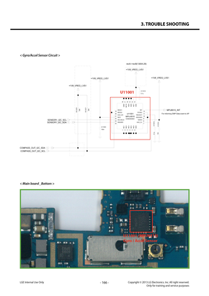 Page 1663. TROUBLE SHOOTING
- 166 -Copyright © 2013 LG Electronics. Inc. All right reserved.Only for training and service purposesLGE Internal Use Only
< Gyro/Accel Sensor Circuit >
< Main board _Bottom >
U11001 (MPU6515)
Gyro / Accel Sensor
+1V8_VREG_LVS1
C11003
100nC11014
10n
C11015
0.1u
0.1u
C11013
+1V8_VREG_LVS1
U11001
EAN62826901MPU-6515
16
22 19
20
21
23
24
18
17
9
8 10
7 11
6
12
5
13
4
14
3
15
2
1
NC1NC2
NC8
NC3
NC7
NC4
VDD
NC5
INT
NC6
FSYNC
AUX_CL
REGOUT
VDDIOSDO/AD0
NC10GND
SDA/SDISCL/SCLK...