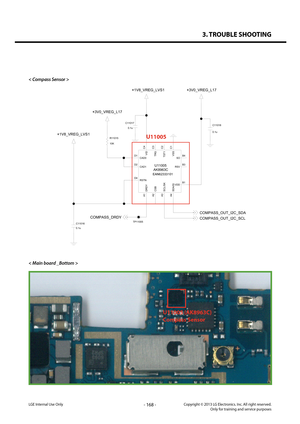 Page 1683. TROUBLE SHOOTING
- 168 -Copyright © 2013 LG Electronics. Inc. All right reserved.Only for training and service purposesLGE Internal Use Only
< Compass Sensor >
< Main board _Bottom >
U11005 (AK8963C)
Compass Sensor
R1101510K
EAN62333101AK8963C U11005
A2 A1
B4
C4
C3
D4
A4 C2
B1 B3
D2
C1
A3
D1
CAD0
SCL/SK
VSS
CAD1RSV
VDD
TST1
SDA/SI
RSTN
TRGVIDSO
DRDYCSB
+3V0_VREG_L17
TP11005
0.1u C11018
C11017
0.1u
+1V8_VREG_LVS1
0.1u C11016
+1V8_VREG_LVS1
COMPASS_DRDY
+3V0_VREG_L17
COMPASS_OUT_I2C_SD A...