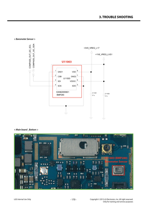 Page 1703. TROUBLE SHOOTING
- 170 -Copyright © 2013 LG Electronics. Inc. All right reserved.Only for training and service purposesLGE Internal Use Only
< Barometer Sensor >
< Main board _Bottom >
U11003 (BMP280)
Barometer Sensor
EAN62695801U11003
BMP280
8
4 3 7
5 6
2
1GND1
CSB
VDDIO
SDO
GND2
SDI
SCK
VDD
+3V0_VREG_L17
+1V8_VREG_LVS1
0.1u C11001C11002
0.1u
COMPASS_OUT_I2C_SDACOMPASS_OUT_I2C_SCL
U11003   