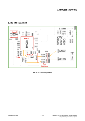 Page 1763. TROUBLE SHOOTING
- 176 -Copyright © 2013 LG Electronics. Inc. All right reserved.Only for training and service purposesLGE Internal Use Only
3.18.2 NFC Signal Path
NFC Rx / Tx Common Signal Path
1
4
A
B C
D
E
F G
TP15004R15040TP15007
C15028
U15004
R15028
R15029
C15030
R1503
3
C15041
R15031
TP15002TP15001X15000
C15039
C15037
C15040
C15038
C15031
C1504 3
C1504 4
C1504
2
TP15000
C15045
L15001
C10006
R15030
C15027
C15032
C15047
R15027
C15033
L15002
C10005
R15034C15034
C15036
R15038R15039
C15046
R15043...