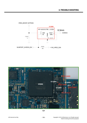 Page 1903. TROUBLE SHOOTING
- 190 -Copyright © 2013 LG Electronics. Inc. All right reserved.Only for training and service purposesLGE Internal Use Only
TOP
R1200120K+1V8_VREG_S3A
1u
C12010
RP114K331D-TRB
U12000
EAN627687015
3 2
4
1VOUTVDD
GNDCE
PGND
VREG_BOOST_BYPASS
SLIMPORT_AVDD33_EN
AVDD33
0.3mm
U12000
U3000
U12002U12000
U12001
TP3(C12009)
TP2(C12007)
TP4(C12001)
TP1(C12012)  