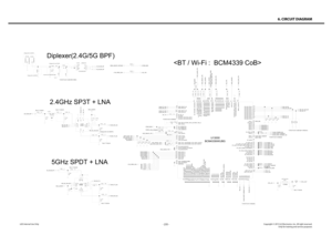 Page 235- 235 -Copyright © 2013 LG Electronics. Inc. All right reserved.Only for training and service purposesLGE Internal Use Only
6. CIRCUIT DIAGRAM
R130100
R130013
0
R130001 4.7K
C13023
330K
U13002
RF5540
7
9
11 12
1
5
4
6
13
3
2
10
8 RX_OUT
GND4
ANTGND2
PGNDVDDLNA_ENGND3
GND1C_TX/RXTX_IN
NC2NC1
U13000
BCM4339XKUBG
G12
C9 C8
D9 F3
H5 J4
G8
G5
G4
C7 C12
K11 K10
N9
N10
L9
K9
H8
N4
M4 N3 L4
N6
J12 H12 B4 H3 J2 K3 G2 G6 F6 E6 M6 H1 C6 B6 D5 C5
B5 D6
C4 D4 F5 E10
B9 B7 B8 J1 L2 N1
K12 H11 F1 E2 D1 B2 F2 C2
C1 J7...