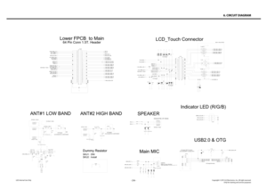 Page 236- 236 -Copyright © 2013 LG Electronics. Inc. All right reserved.Only for training and service purposesLGE Internal Use Only
6. CIRCUIT DIAGRAM
FL160033
2
1INGNDOUT
C16024 DNIC1602633p
33p
C1602 5
D16000
1800
FB16000
1800
FB16001
LD16000 1 2 3
4 5 6
D16001 7 8
4 3 5
2
6
1
VBUS
GND2D+GND1D-ID
GND4GND3
FL16004
RF2
2GND2 8RF310
VDD
4
RF1
1
CTL2
6CTL1
5EN
7RF4 9GND1
3
RFC 11
4.7K
R1601 9
C16027
33p
+2V95_VREG_L16R16024
360K
4.7K
R16020
D16010D16008D16009
MIC16000
GOERTEK-42DB 150OHM OMNI 1.5 TO 3.6V 3.10 *...