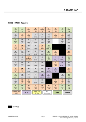 Page 2427. BGA PIN MAP
- 242 -Copyright © 2013 LG Electronics. Inc. All right reserved.Only for training and service purposesLGE Internal Use Only
U7000 – PM8841(Top view)
 
LGE  Internal  Use  Only 
 
U7000 – PM8841(Top view) 
Not Used   