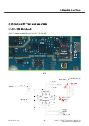 Page 403. TROUBLE SHOOTING
- 40 -Copyright © 2013 LG Electronics. Inc. All right reserved.Only for training and service purposesLGE Internal Use Only
3.4 Checking RF Front-end Separator
3.4.1 FL1018 (High Band)
Check the supply voltage and control level for FL1018/U1000
FL1018
Separator
TP2
TP1
TP3
BOT
L1054
DNI
LMSP32QP-F03
EAT61793601FL1018
23
11
10
8 9
6 7
5 13
4 12
2 15
14
20
17
21
16
22
19
3
18
1
TRX2
VDD
TRX10
VIO
TRX3
TRX4
SCLK
GND5
SDATA
TRX6TRX5
TRX1
GND4
GND1
TRX7
TRX9
GND2TRX8
TX1LBTX2HB
GND3ANT...