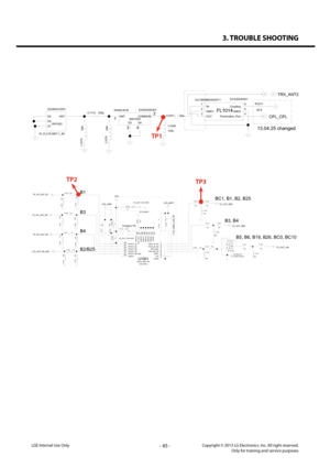Page 453. TROUBLE SHOOTING
- 45 -Copyright © 2013 LG Electronics. Inc. All right reserved.Only for training and service purposesLGE Internal Use Only
C1114100pEAG63293301
20549-001E
SW1003
4
3 2
1
ANTCOMMON
G3G4
22p
C1071
W_FL2-R-SMT-1_80 SW1002
EAG63412001
G1
G2ANTG3
ECA30240001
FL1014
LDJ18829M24AD011 IN
1
Termination_Port 4GND1
2GND2 5OUT
3
Coupling 6
L1048
100n
R1011
49.9
DNI
L107
3
L1074
DNI
TRX_ANT2
CPL_CPL
13.04.25 changed
L1001
12n
C1102100p1 2
C1018
33p33p
C1020C1017
33p
L1014
DNIEAM62691501
FL1002...